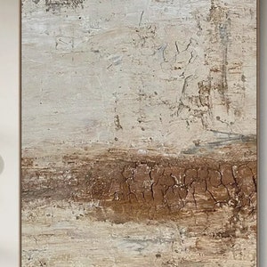May include: Abstract painting with a textured, cracked surface. The painting features shades of brown, beige, and white.