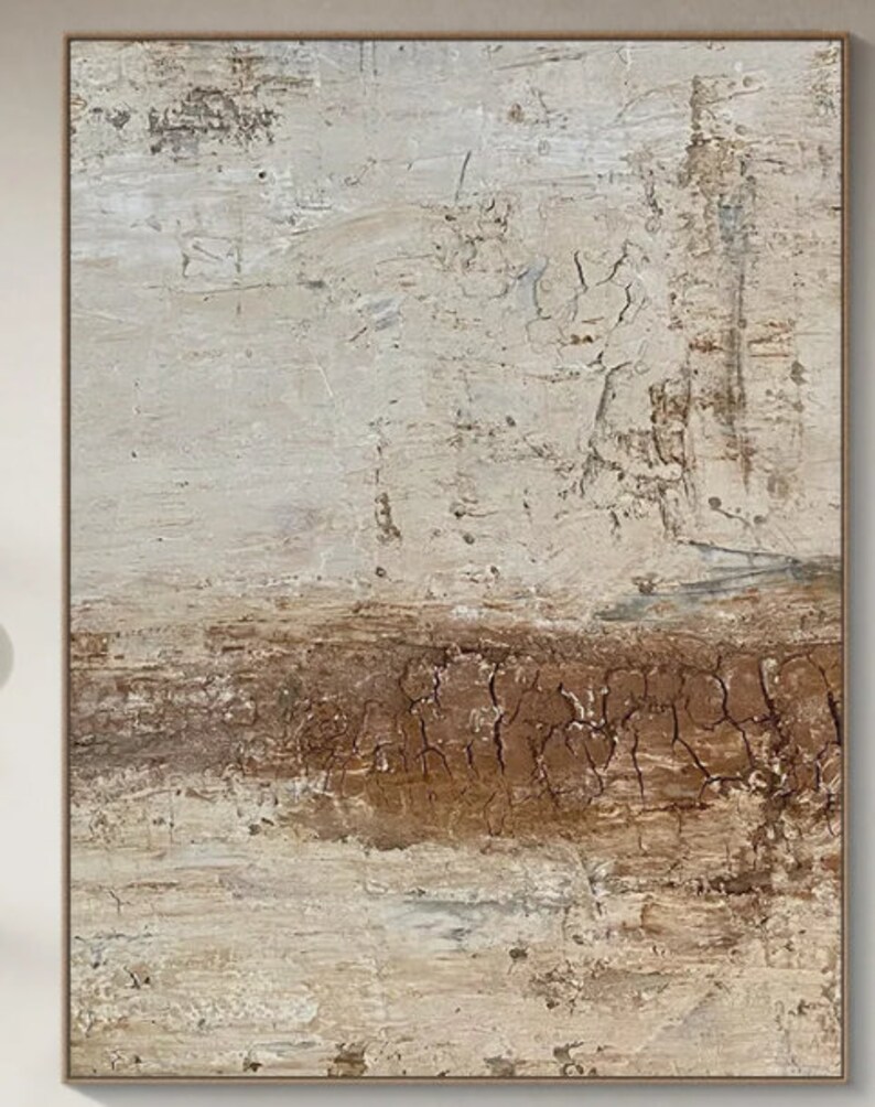 May include: Abstract painting with a textured, cracked surface. The painting features shades of brown, beige, and white.