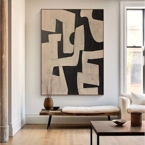 Beige Wabi Sabi Wall Art,Boho Textured Painting on Canvas,Large Beige Black Minimalist Wall Art,Neutral Minimalist Painting for Bedroom