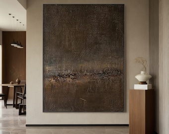 Arte de pared minimalista en negro y marrón, pintura abstracta original grande, arte de lienzo texturizado de gran tamaño, pintura neutral Wabi-sabi, arte de decoración del hogar