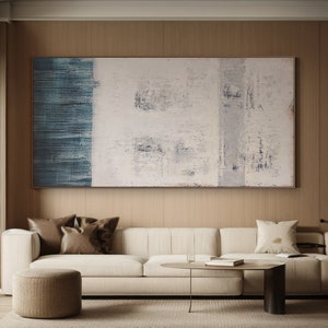 Minimalist White & Blue Canvas Wall Decor, Fancy White Textured Wall Art, Unique Contemporary Wall Decor,Luxury Canvas Room Artwork