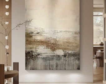 Arte da parete astratta beige, pittura astratta marrone beige, grande arte da parete minimalista beige, pittura su tela Wabi-sabi, pittura a olio strutturata moderna