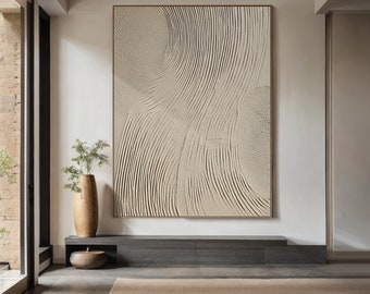 Arte da parete con texture beige, arte da parete Wabi-sabi, pittura minimalista beige solida, grande arte da parete in gesso beige, pittura con texture 3D increspata beige