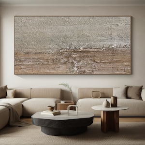 Große Original Beige Brown Wohnzimmer Abstrakte Malerei, Zeitgenössische Malerei, Braune Minimalistische Textur Malerei, Übergroße Skandinavische Kunst