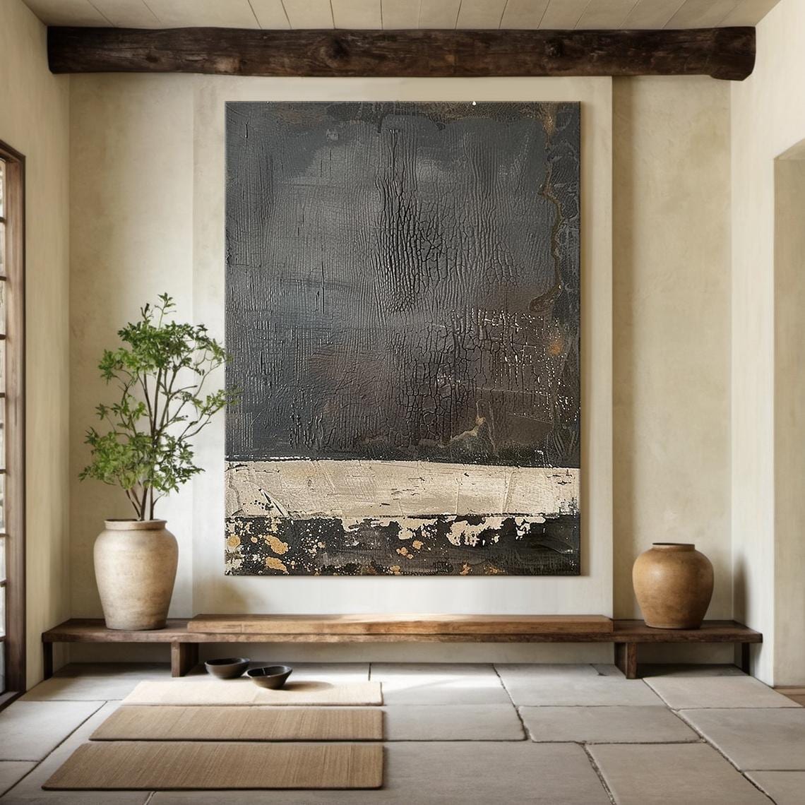 Hand-drawn Wabi Sabi Abstract Painting, Beige Black Textured Wall
