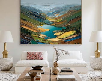 Textured Mountain Lake Oil Painting, Palette Knife Canvas Art