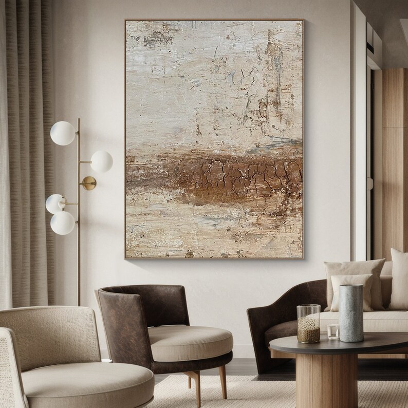 May include: Abstract painting with brown, beige, and white colors. The painting has a textured surface and a modern style.