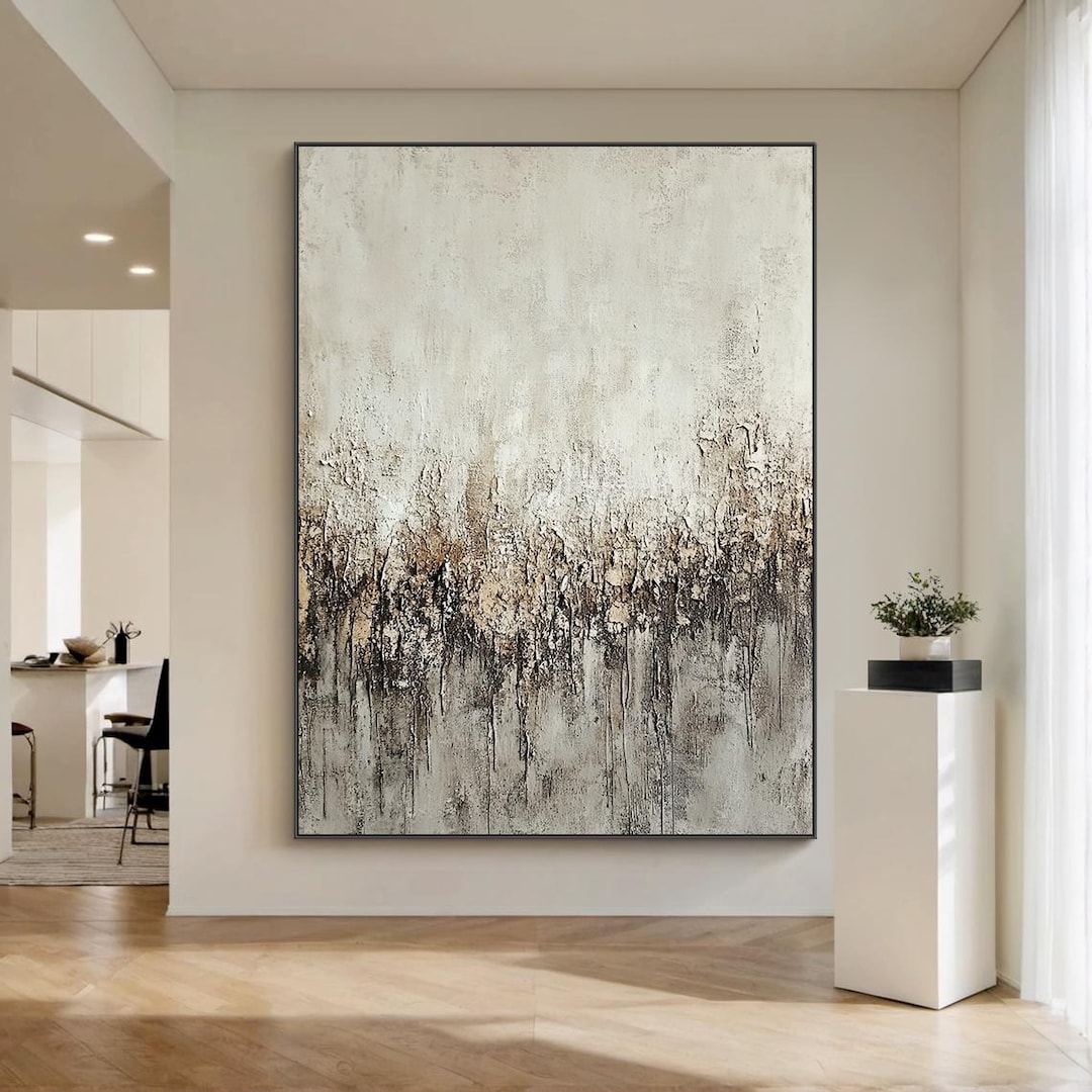 Abstract Modern Art , Textured Beige and Gray Wall Art, Large Canvas ...