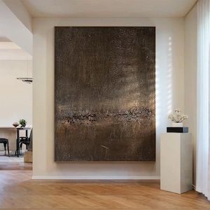 Large Neutral Abstract Oil Painting – Brown and Black Minimalist Canvas Wall Art for Living Room or Bedroom, Wabi Sabi Modern Decor