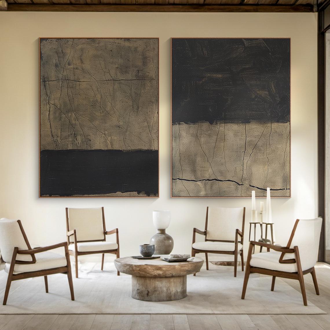 Wabi-Sabi Wandkunst, Beige Schwarz strukturierte Malerei 2er-Set, Große Schwarz Beige Schwarz Minimalistische Wandkunst, Neutrale Leinwand Kunst, Wohnkultur Kunst