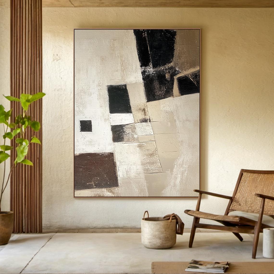 Neutral Textured Abstract Painting, Beige Black Brown Canvas Wall Art ...