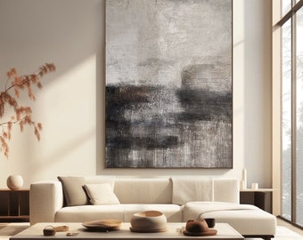 Pintura abstracta texturizada en negro y beige, arte minimalista en lienzo