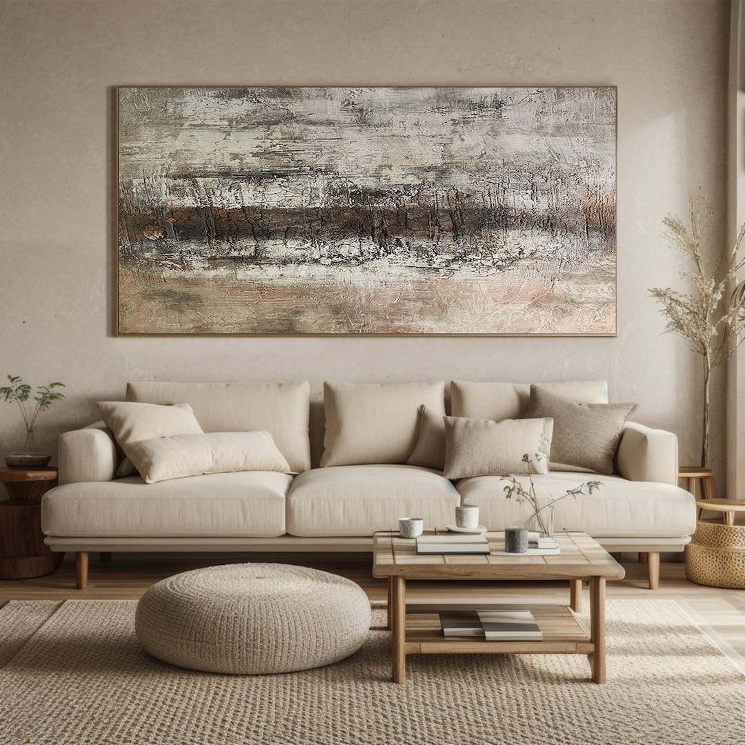 Large Beige Black Abstract Painting, Original Texture Art, Minimalist ...