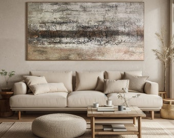 Pintura abstrata grande em tons de bege e preto, arte com textura original, decoração minimalista.