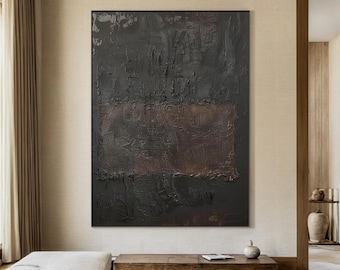 Large Black and Brown Abstract Painting, Textured Wabi-Sabi Canvas Art