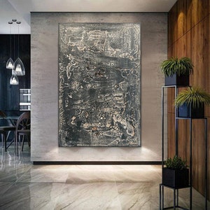 Original Black Textured Abstract Painting, Black On Canvas, Large Black Plaster Wall Art, Wabi-sabi Wall Art, Minimalist Oil Painting
