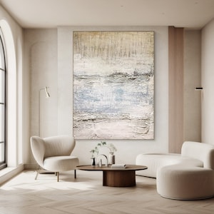 Large Beige Blue Abstract Painting, Beige Textured Wall Art, Blue Wabi Sabi Wall Art, Beige Canvas for Living Room,Modern Home Decor Art
