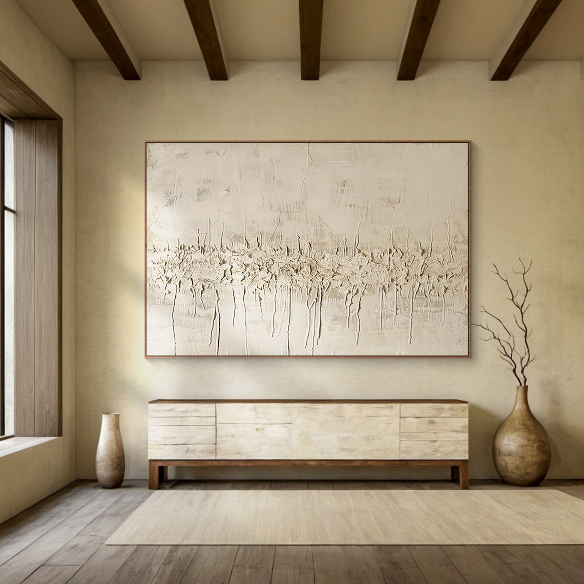 Textured Beige Cream Abstract Painting, Large Wabi Sabi Wall Art for ...