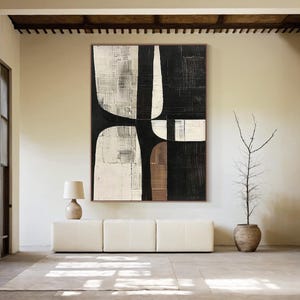 Textured Geometric Canvas Art , Black and Beige Abstract Painting, Brown Minimalist Wall Art, Modern Design for Living Room Decor
