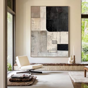 Beige Abstract Canvas Art, Textured Geometric Wall Painting, Large Neutral Minimalist Wall Art, Black White Modern Art for Living Room