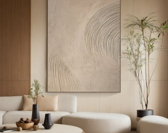 Arte murale Wabi-sabi beige, pittura su tela minimalista, pittura in gesso a semicerchio beige, arte murale strutturata 3D, decorazione per la casa del soggiorno