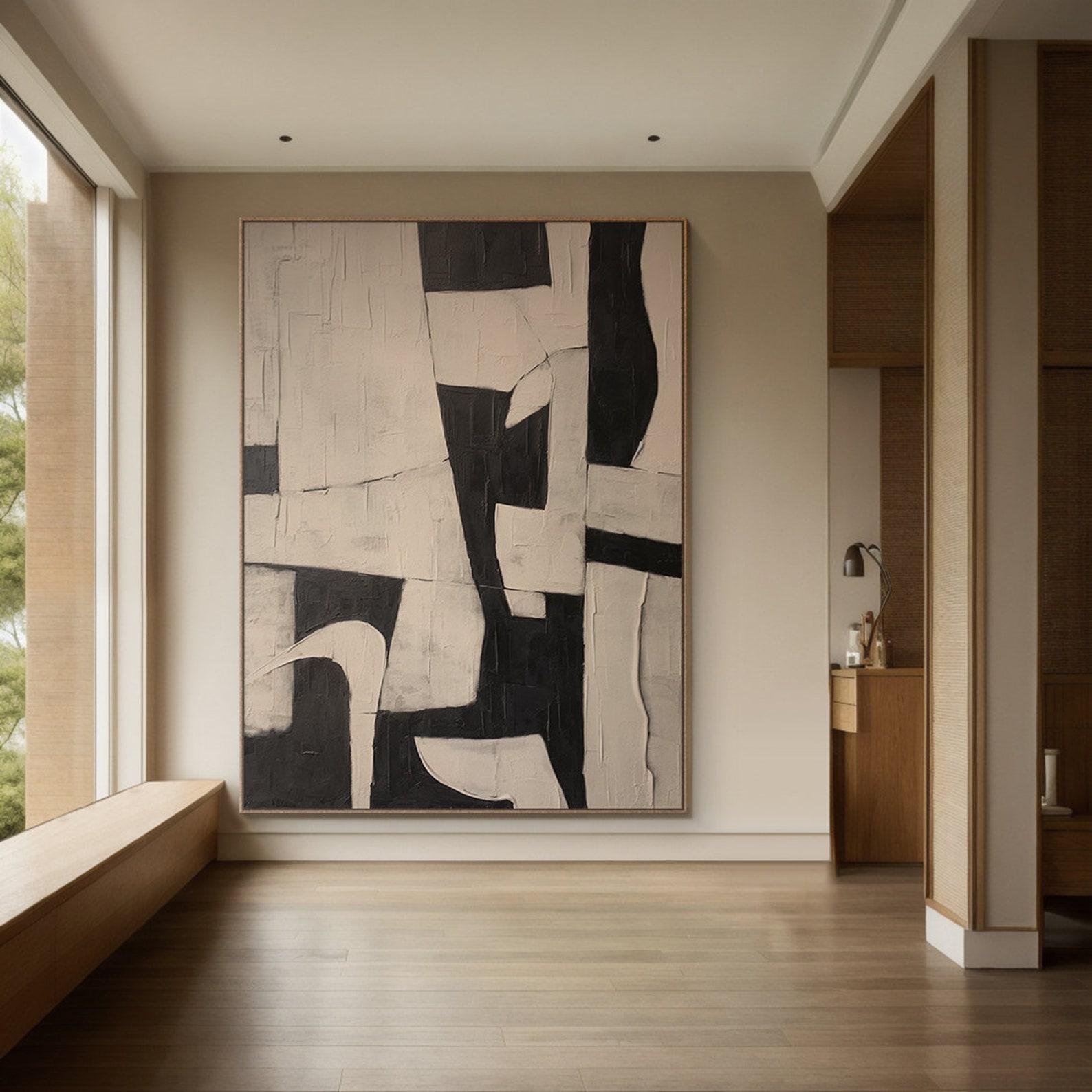 Large Beige Black Abstract Oil Painting - Wabi Sabi Textured Canvas Art ...