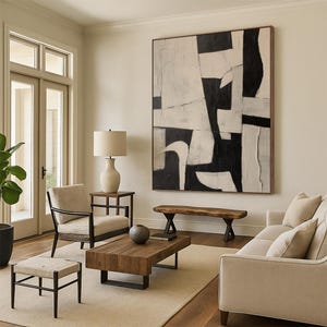 Beige Black Abstract Painting, Black Minimalist Wall Art, Beige Wabi-sabi Wall Art, Large Beige Textured Painting, Neutral Textured Wall Art