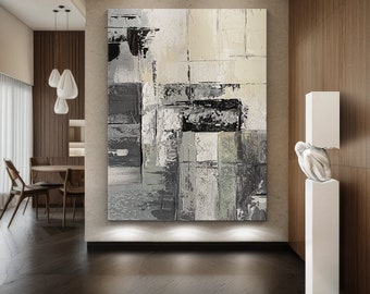 Original Gray Abstract Canvas Painting, Modern Textured Wall Art