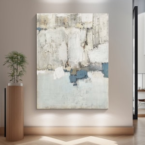 Beige White Painting,Large White 3D Textured Paintings,Blue Acrylic Paintings, Abstract White Painting,Minimalist Abstract Wall Art for Home
