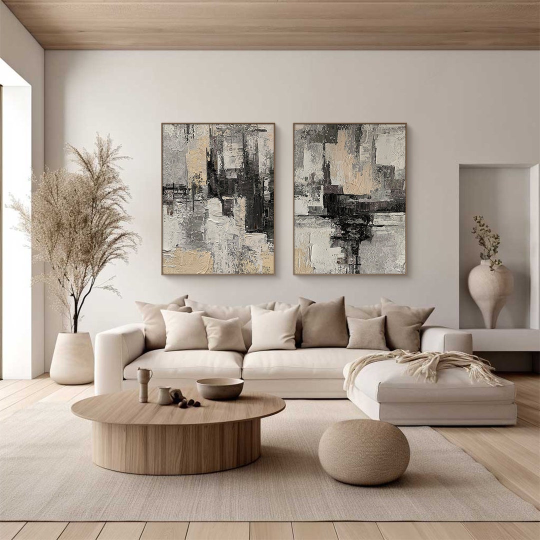 Wabi Sabi Textured Abstract Painting Set, Black Beige Canvas Art - Etsy