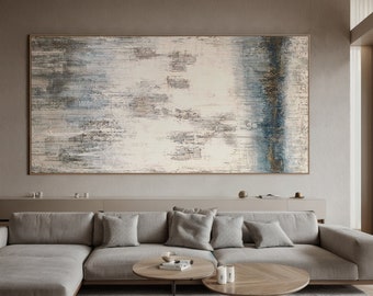 Large Beige and Blue Abstract Oil Painting on Canvas, Contemporary Wall Art