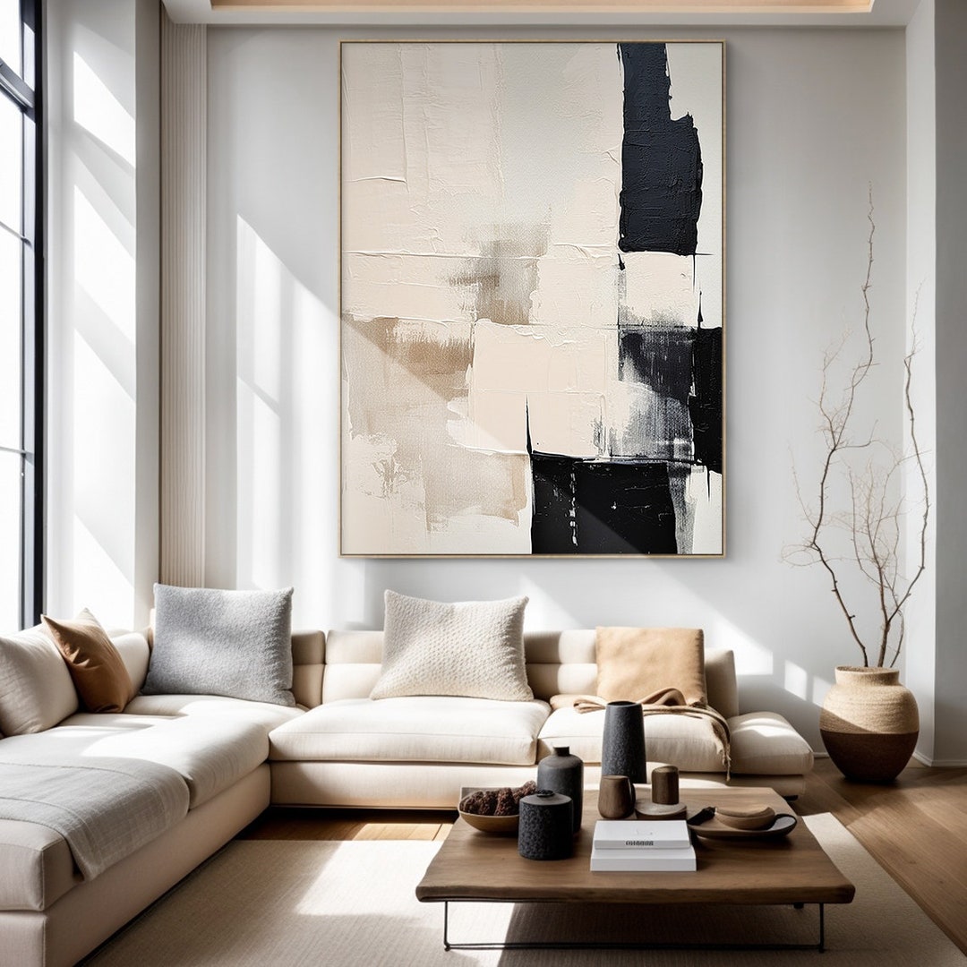 Large Black and Beige Abstract Canvas Painting, Minimalist Textured ...