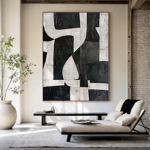 Black and White Abstract Canvas Art ,Minimalist Geometric Oil Painting,Modern Textured Wall Art for Living Room, Office Decor