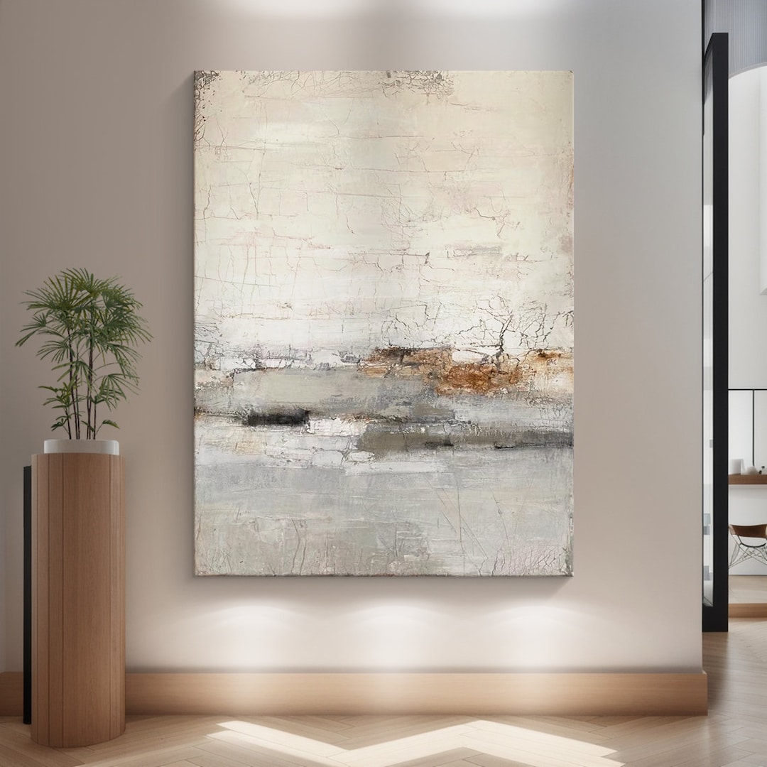 Original Beige Abstract Wall Art, Beige Gray Abstract Painting, Wabi