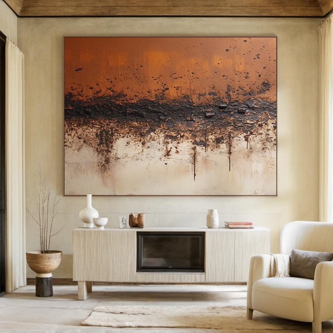 Large Textured Abstract Painting, Copper Brown 3D Palette Knife Canvas ...