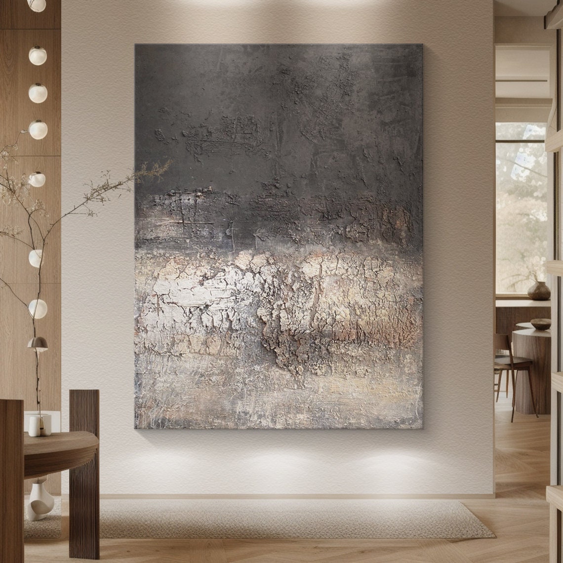 Black Brown Abstract Wall Art,Black Texture Painting,Wabi Sabi Wall Art, Boho Abstract Painting,Black Texture Wall Art,Plaster Canvas Art