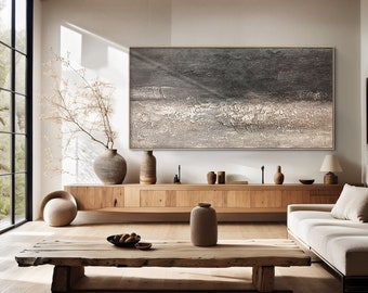 Textured Abstract Canvas Painting, Black Brown Minimalist Wabi-Sabi Wall Art