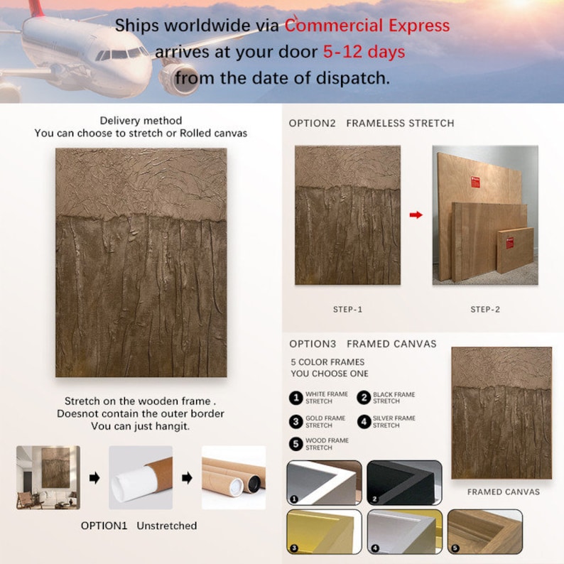 May include: A brown canvas painting with a textured surface. The painting is shown in three different framing options: unstretched, frameless stretch, and framed canvas. The framed canvas option includes five different frame colors: white, black, gold, silver, and wood.