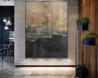 Original Black Brown Textured Abstract Painting, Wabi-sabi Wall Art