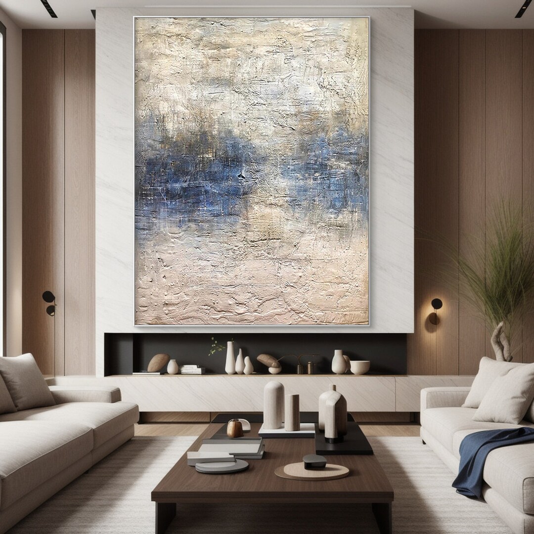Large Blue Beige Abstract Oil Painting, Textured Canvas Wall Art - Etsy