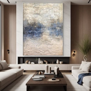 Large Blue Beige Abstract Canvas Art, Blue Textured Wall Art, Beige Abstract Oil Painting, Neutral Blue Wall Decor, Living Room Home Decor