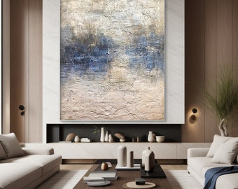 Large Blue Beige Abstract Oil Painting, Textured Canvas Wall Art