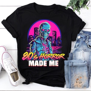 Camiseta unissex com tema de zumbi vintage, filmes de terror dos anos 80, camiseta engraçada de zumbi, camiseta para amantes de filmes de terror, camiseta de Halloween, presente para ela