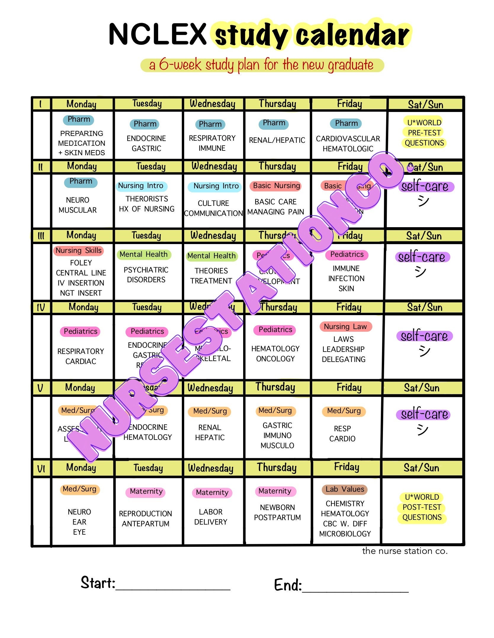 NCLEX Study Calendar Etsy