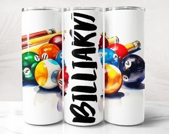 May include: White tumbler with a watercolor illustration of billiard balls and cues. The text "BILLIARDS" is written in black on the tumbler.