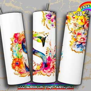 May include: Three white tumblers with a gold glitter background and watercolor floral designs. The center tumbler features a large blue letter "S" surrounded by flowers. The tumblers are perfect for adding a touch of elegance to any occasion.