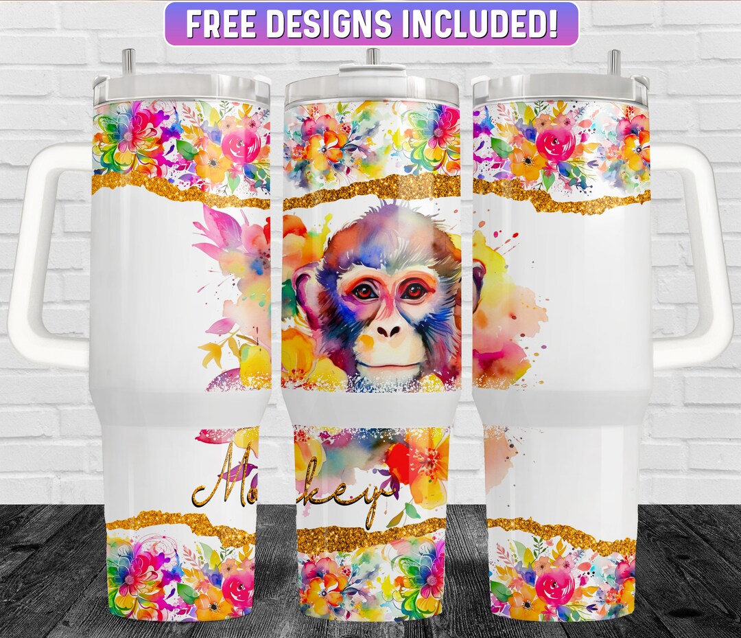 Monkey 40oz Tumbler Wrap PNG Design, Monkey 40oz Quencher Tumbler.