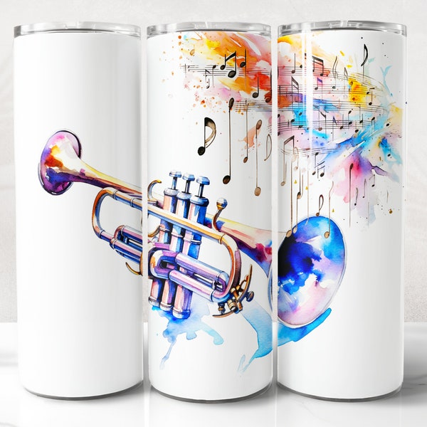 Watercolor Trumpet Tumbler Wrap PNG Design, Trumpet Tumbler Wrap 20 oz Skinny Tumbler Sublimation Instant Digital Download