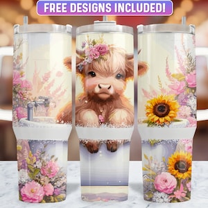 Highland Cow 40oz Tumbler Wrap PNG Design, Highland Cow 40oz Quencher Tumbler Sublimation Wrap, 40 oz Tumbler PNG, Instant Download