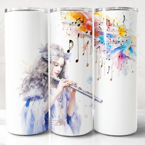Watercolor Flute Tumbler Wrap PNG Design, Flute Tumbler Wrap 20 oz Skinny Tumbler Sublimation Instant Digital Download